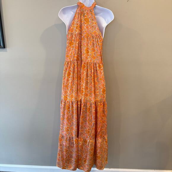 Raga Shalina Ruffle Tassel Tie Collar Satin Maxi Dress Orange Pink Sz Med NWT - Picture 5 of 9